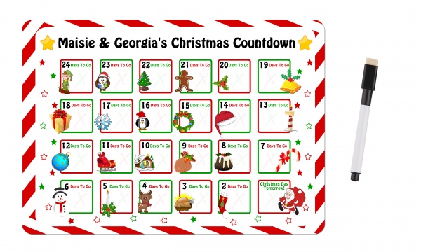 Personalised Christmas Countdown Advent Calendar Metal Magnetic Wipeable Card With Whiteboard Pen